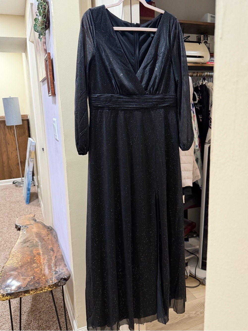 Black Sparkle Long Sleeve V-Neck Evening Dress